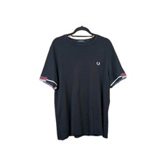 Fred Perry Abstract Cuff T Shirt Mens Size XL Black Crew Neck Woven Short Sleeve