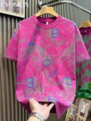 Men Designer Abstract Marble Print Cotton T-Shirt Retro Casual Short Sleeve Tee
