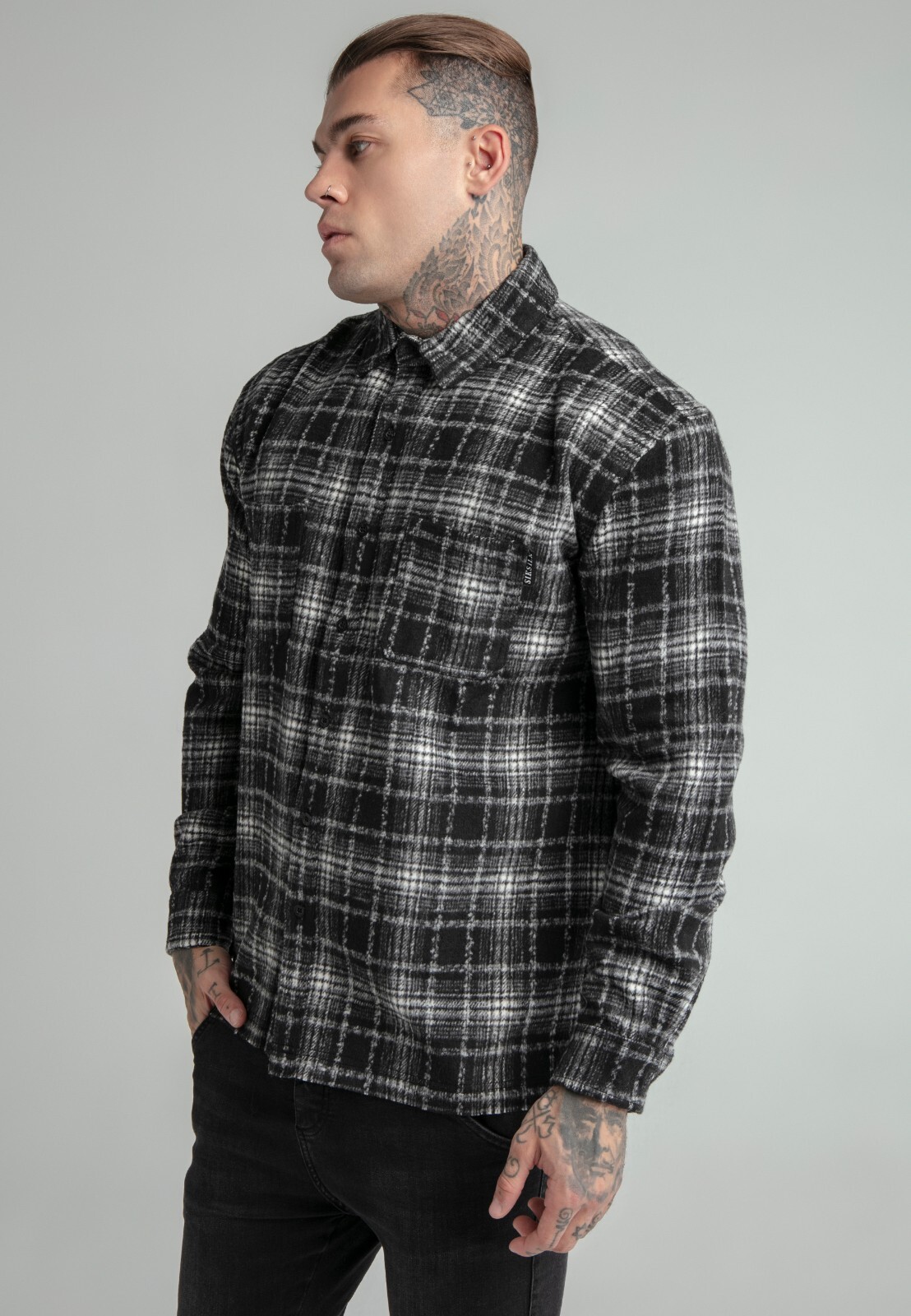 SikSilk Mens Black Back Logo Distressed Check Shirt Large
