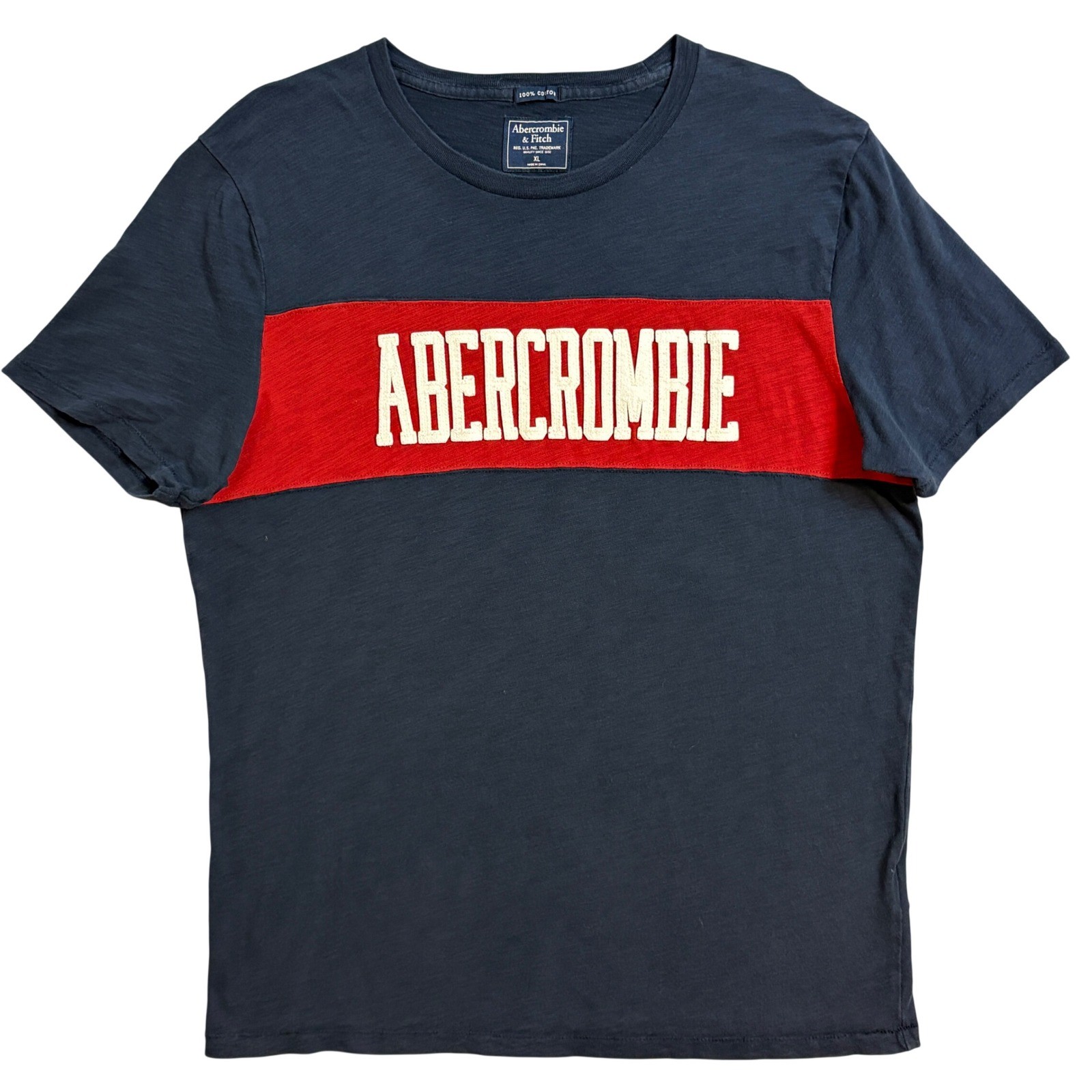 Vintage Abercrombie & Fitch Mens XL Navy Blue Red Stripe Logo T-Shirt Cotton gallery