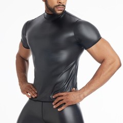 For Men Waist Trainer Corsets Wet Look Short Sleeve Top Shapewear Blouse