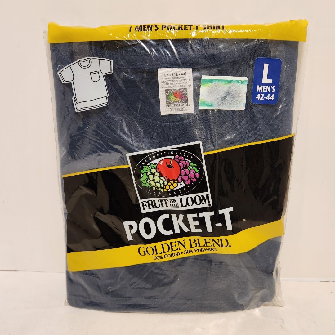 Vtg 1998 Fruit Of The Loom Pocket T Shirt SZ Large Lot of 2, Green Navy Blue gallery