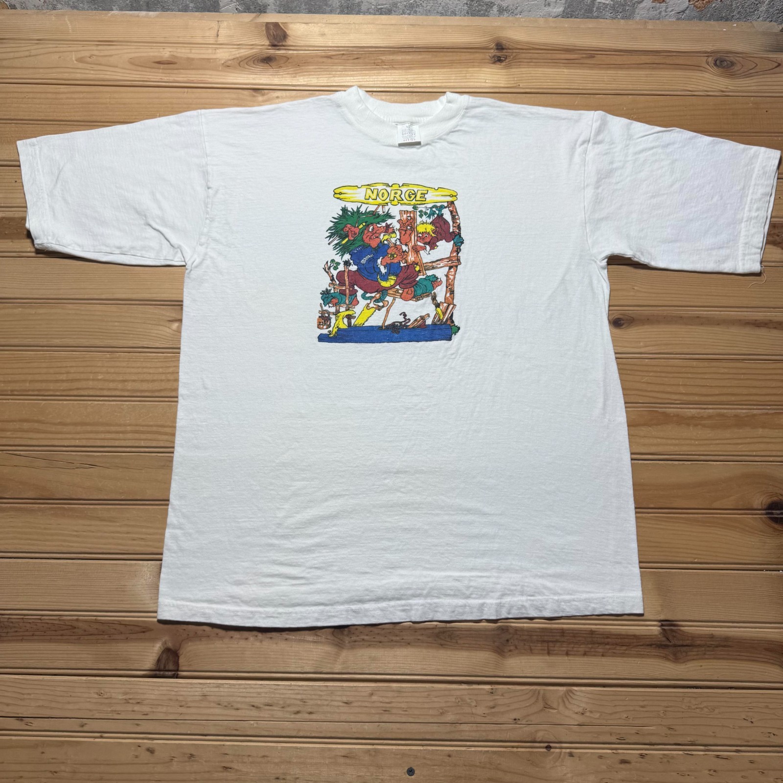 Vintage 90s Norge Troll Carpenter Cartoon Mythical Folklore Graphic T-Shirt - XL gallery
