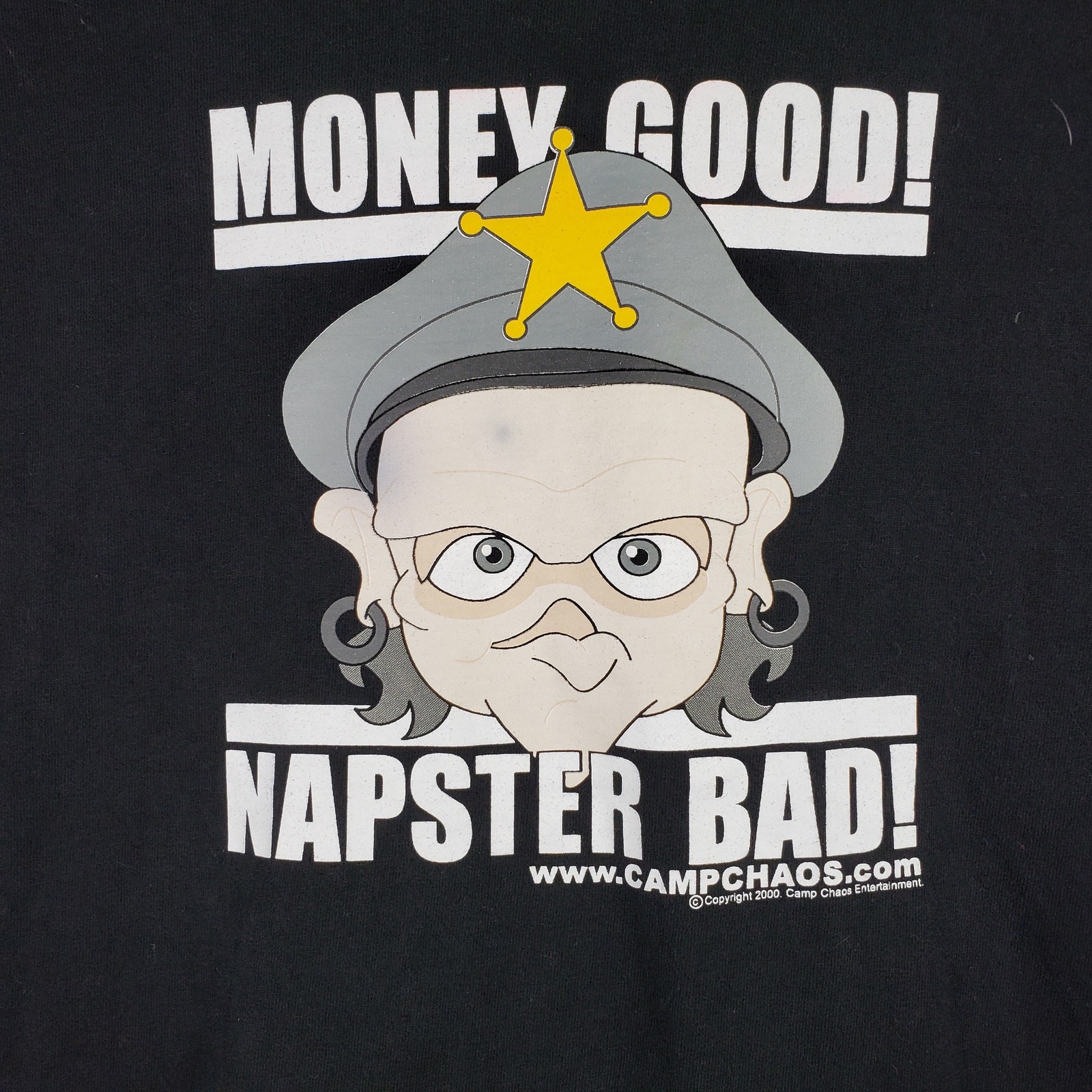 Y2K Campus Chaos Black Graphic Tee Money Good Napster Bad Cop Humor 2000 Size XL gallery