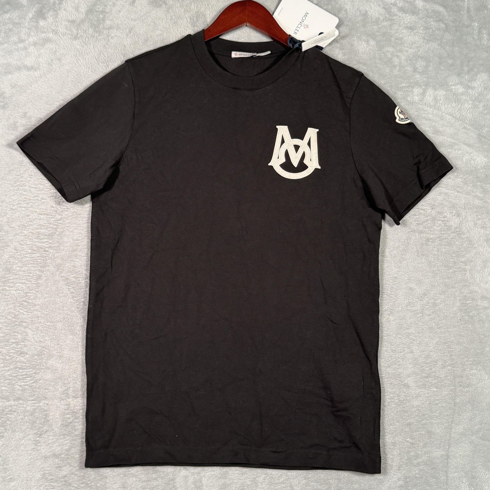 Moncler Shirt Mens Small Black M Logo Patch Organic Cotton Crewneck Tee gallery
