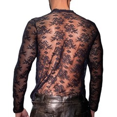 New Men’s Long Sleeved Elastic Tight Top Mesh Breathable Sexy Lace Top T-shirt