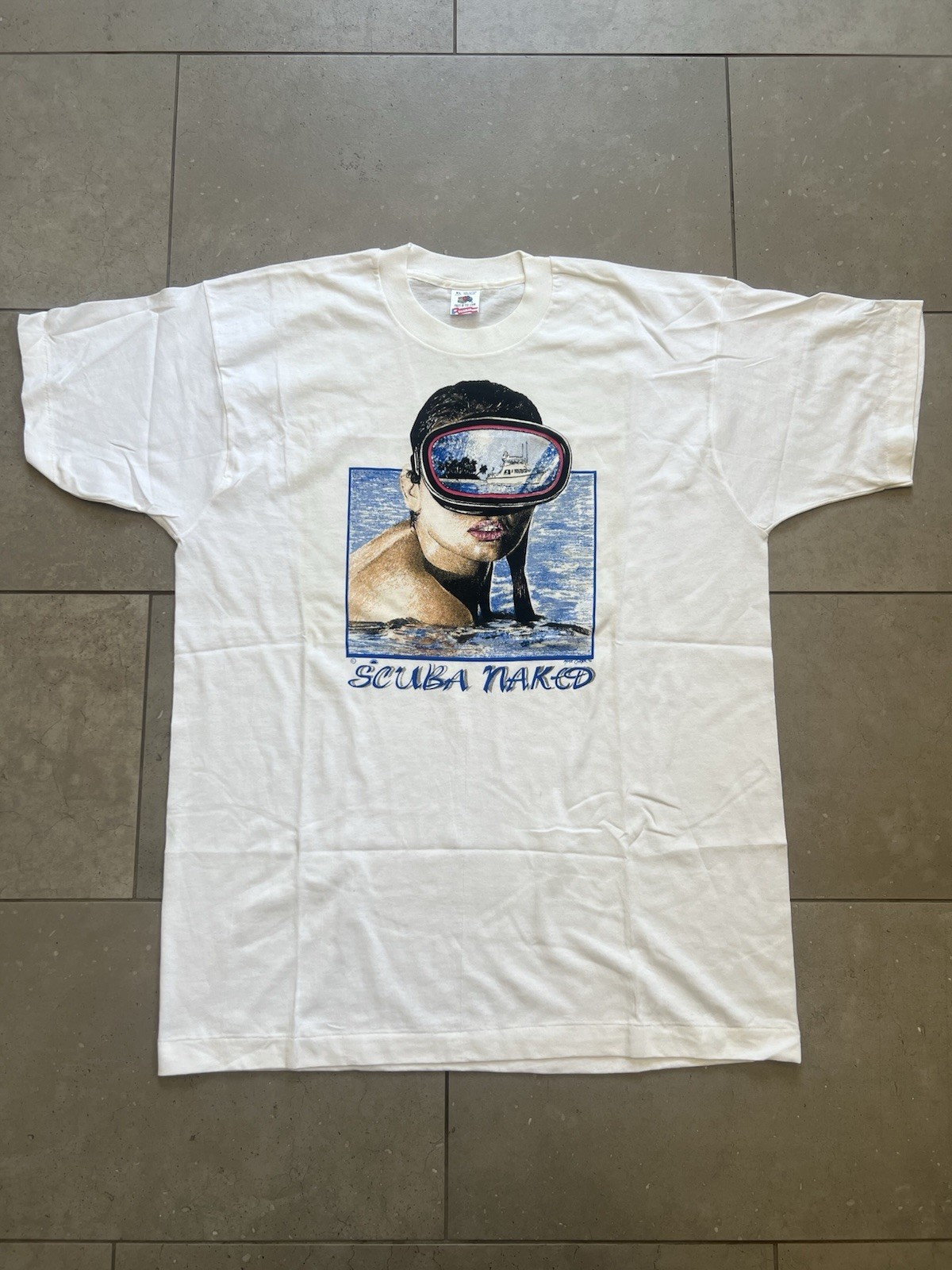 Vintage 90s Scuba Naked Diving Girl Boat Single Stitch Made In USA Tee Shirt XL