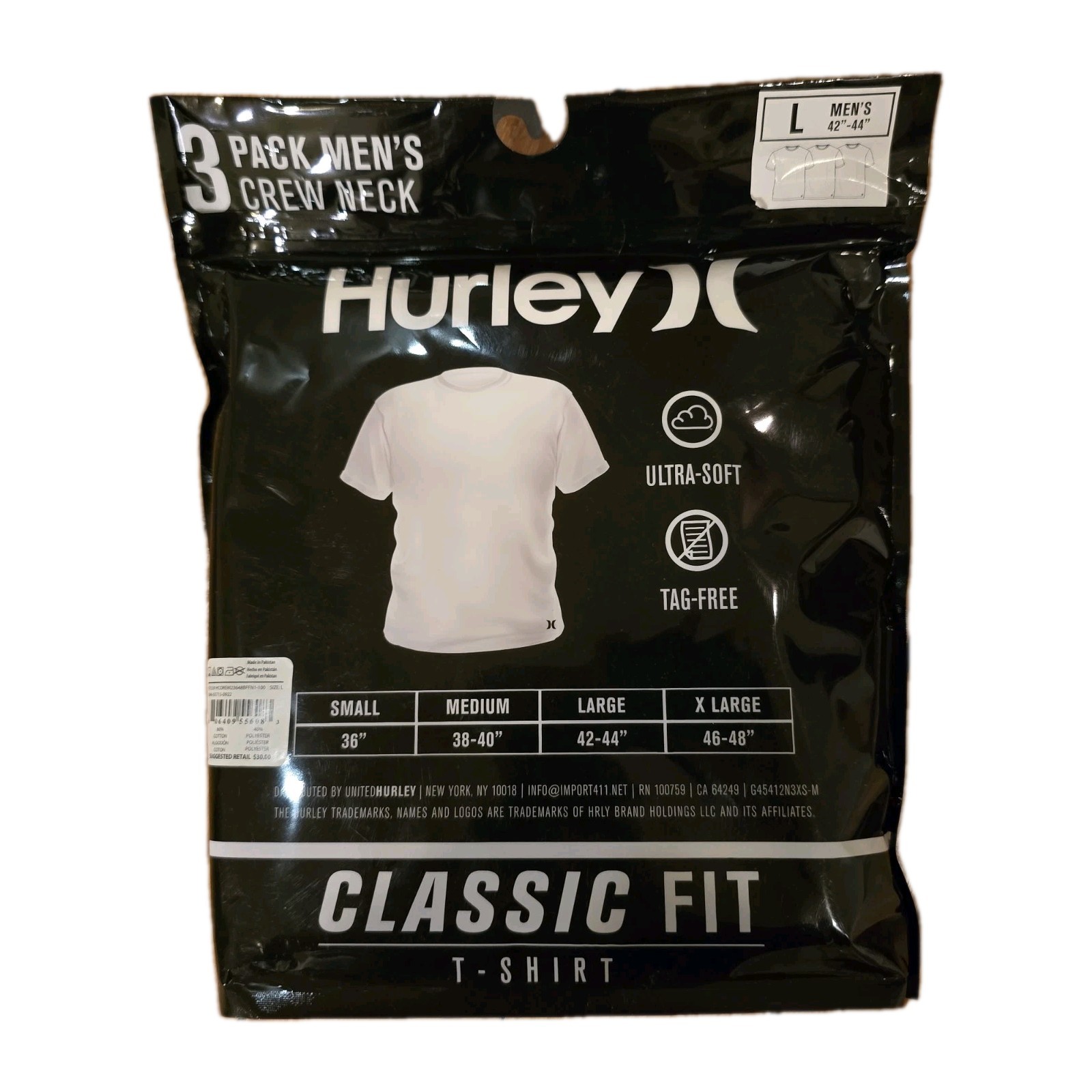 3 PACK HURLEY MENS CLASSIC FIT T-SHIRT ULTRA SOFT TAG FREE - White SZ Large gallery