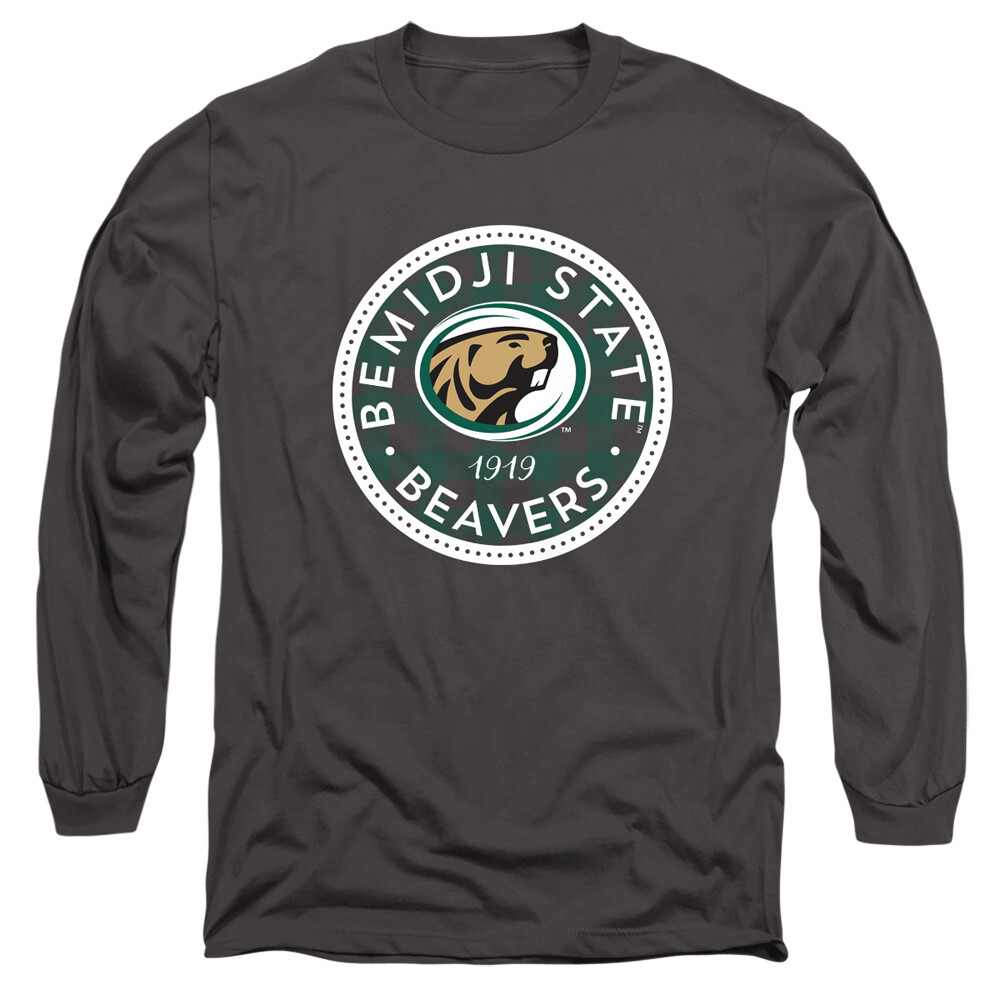 Bemidji State University Adult Long Sleeve T-Shirt Plaid Badge, Charcoal, S-3XL