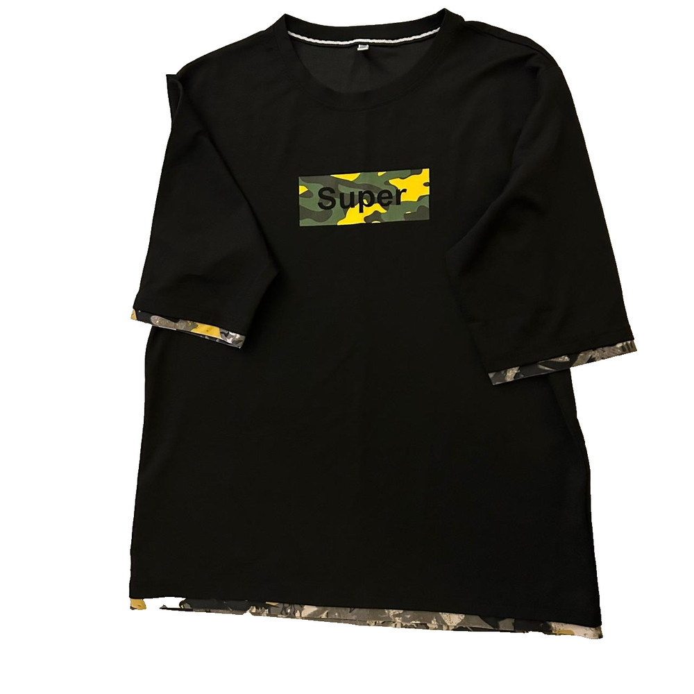 Black Oversized Mini-sleeve T-shirt -Print Rectangular Patch on Chest 59cm*72cm