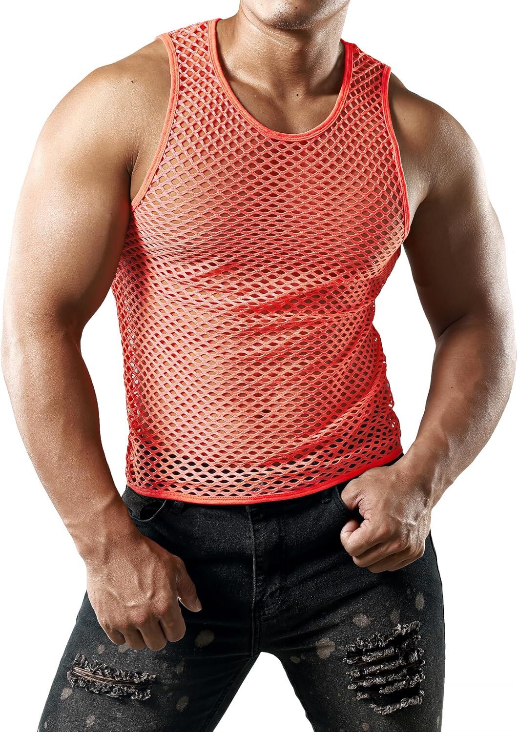 Men's Fishnet Muscle Top Sleeveless Fitted See Through Mesh Shirt Clubwear Gym gallery