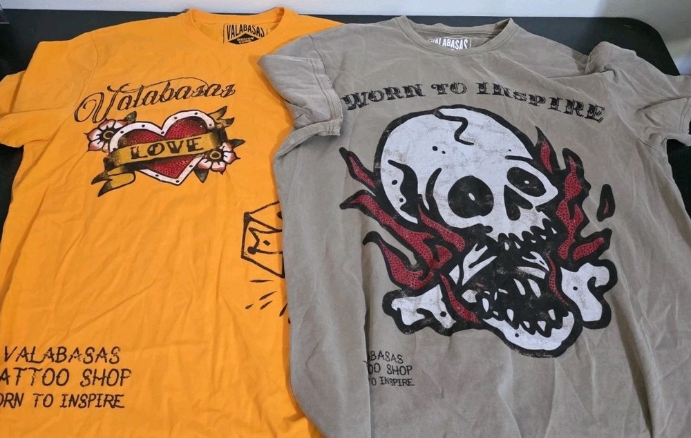 2pc Valabasas Vintage Tattoo Embelleshed Love Heart Inspire Tee Shirt Men XL EUC
