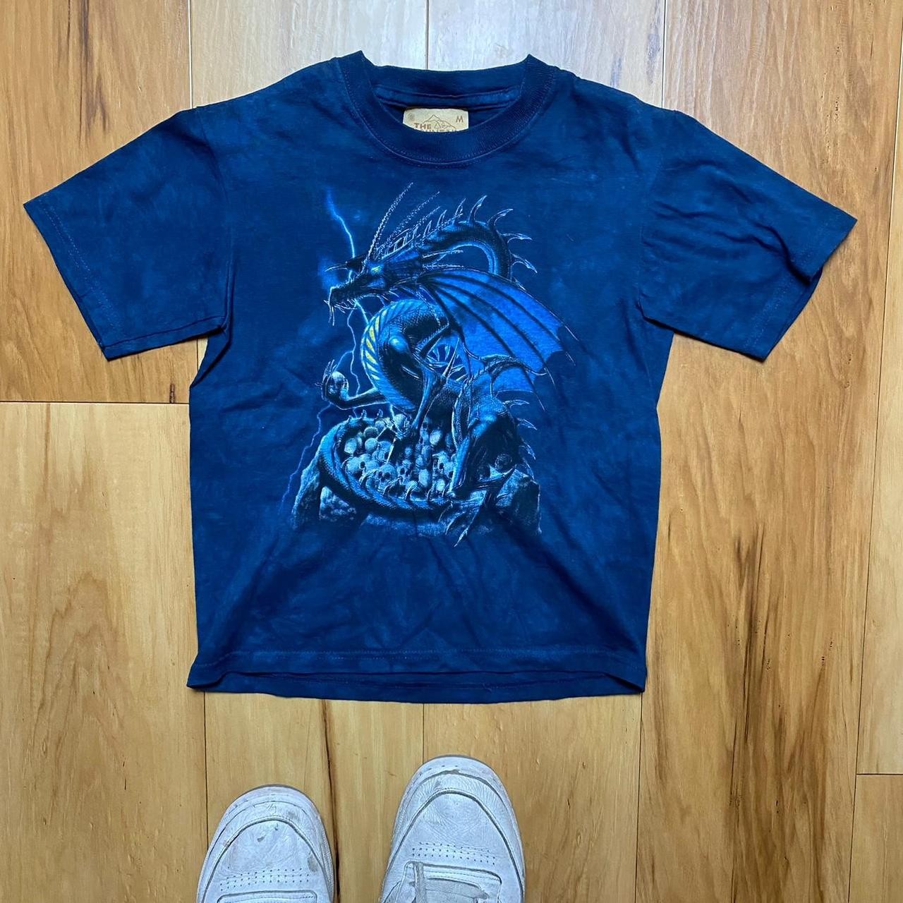 Vintage Y2k 2009 The Mountain Leather Tag Dragon Skull Blue T-Shirt Size Medium