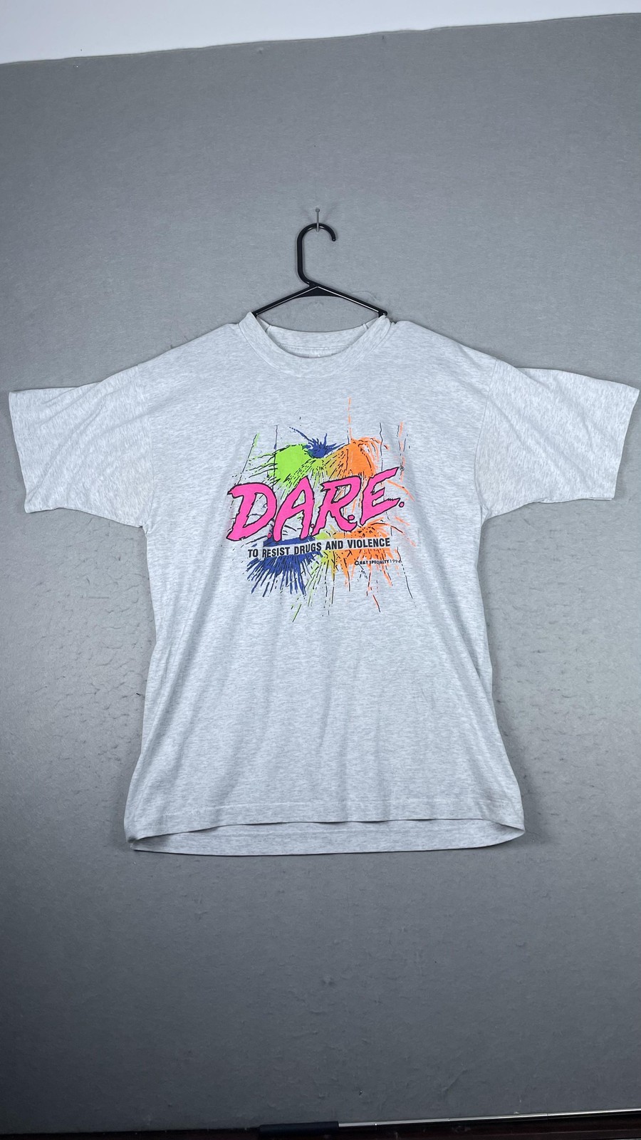 Vintage DARE Shirt Mens Large Gray Neon Splatter To Resist Drugs Violence 90s