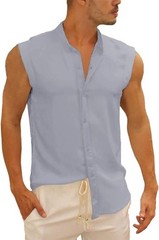 Mens Linen Cotton Sleeveless Button Down Shirt Summer Beach Casual Top