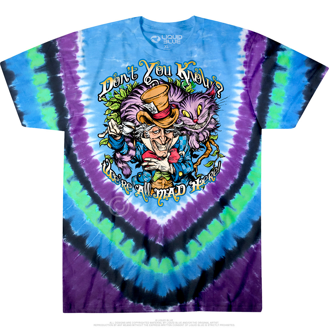 DON'T YOU KNOW-MAD HATTER-ALICE-2 SIDD TIE DYE T-SHIRT- S-M-L-XL-2X Cheshire Cat gallery