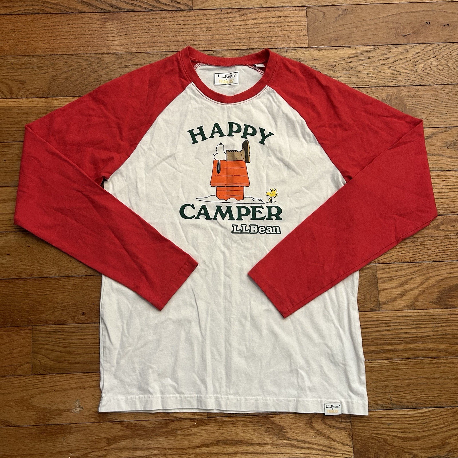Ll Bean Peanuts Happy Camper Snoopy Woodstock Raglan Tee Shirt Small
