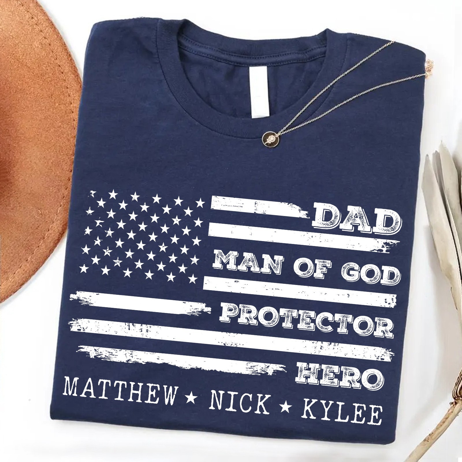 Personalized Dad Man of God Shirt Kids Name Protector Hero USA Flag Fathers Gift gallery