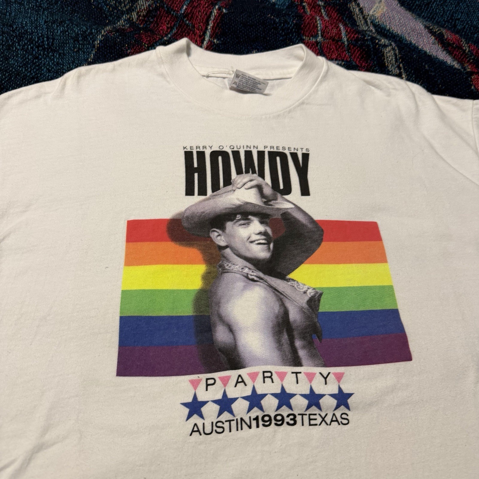 Vintage 90s LGBTQ Pride Kerry O'Quinn Party Shirt White Men's L Cowboy Austin TX gallery