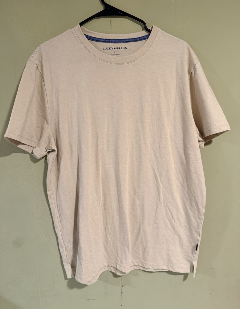 Lucky Brand Men’s L Solid Logo Beige Crew Neck Short Sleeve T-Shirt