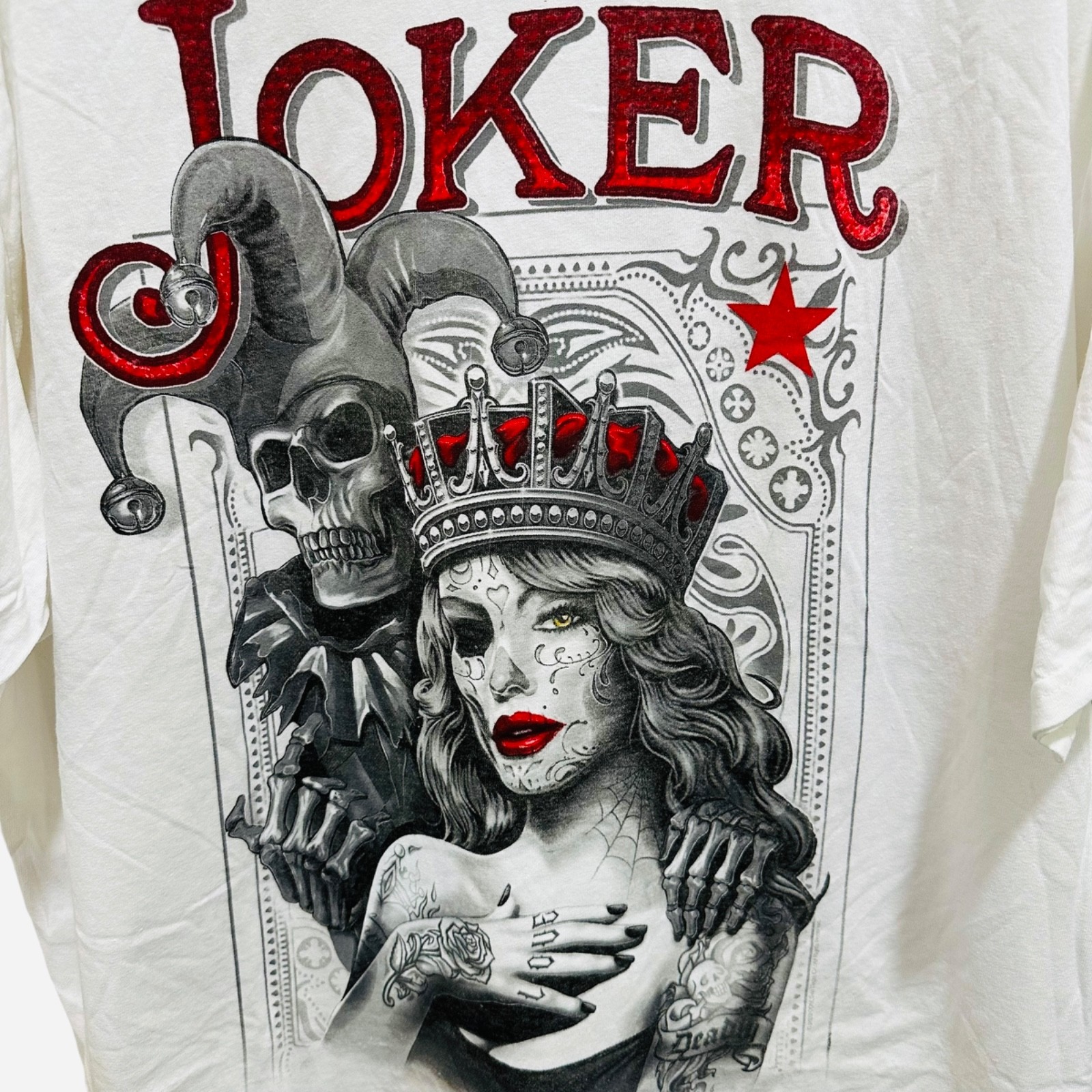 D&M Mens 2XL Joker Skull Crowned Lady Graphic Tee White Red Glitter NEW gallery