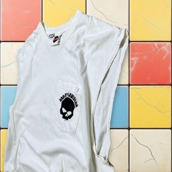 VTG Y2K Skull Harley Davidson Shirt Biker Motorcycle White Grunge Tank Top SZ XL gallery