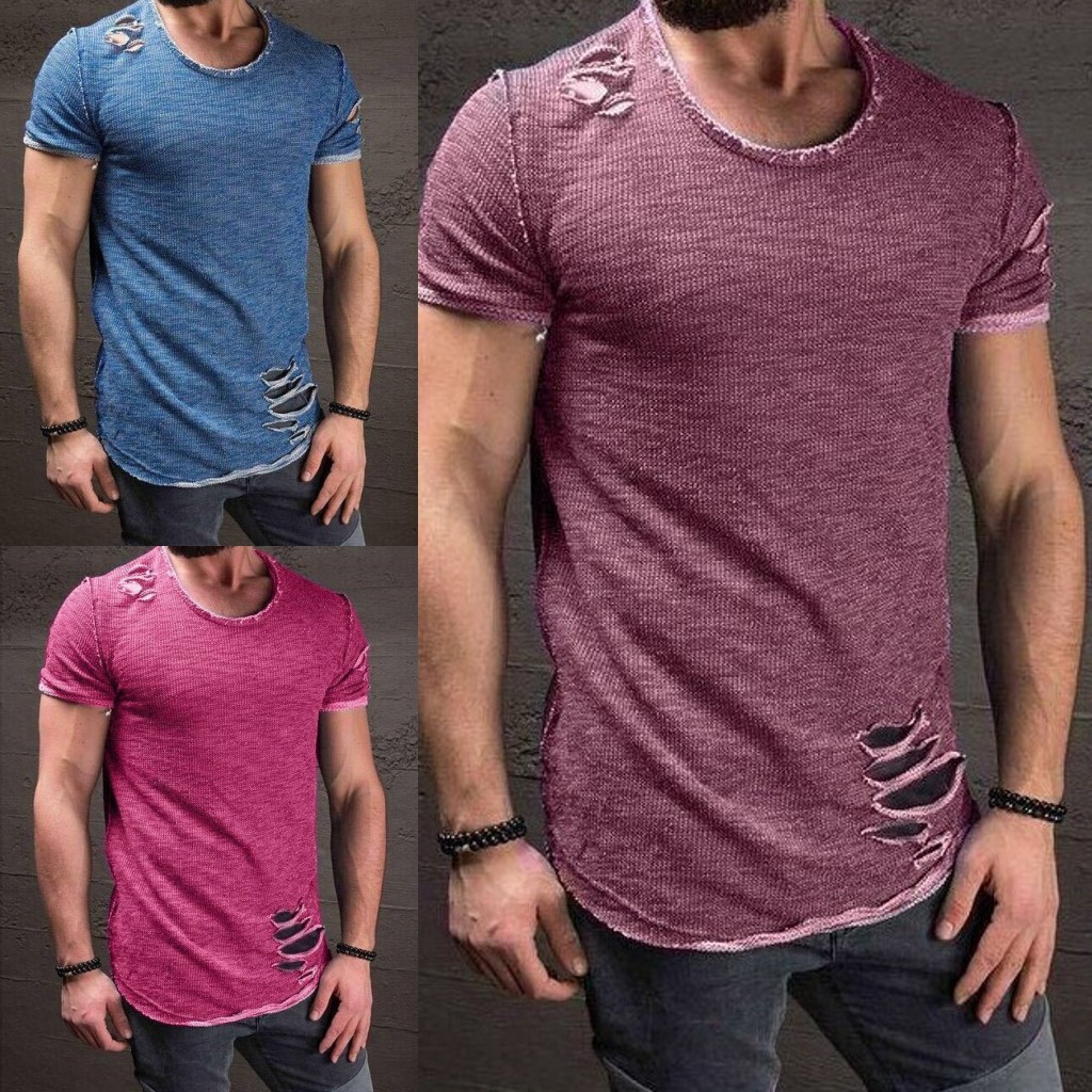 Hot Men's Slim Fit O Neck Short Sleeve Muscle Tops T-shirt Ripped Casual Blouse gallery