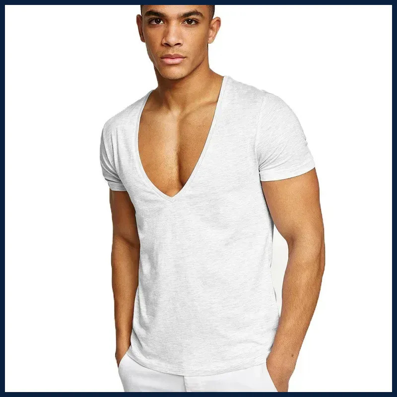 Men's T-Shirt Deep V-Neck Cotton Fitness Leisure Solid Color Tops Tees gallery