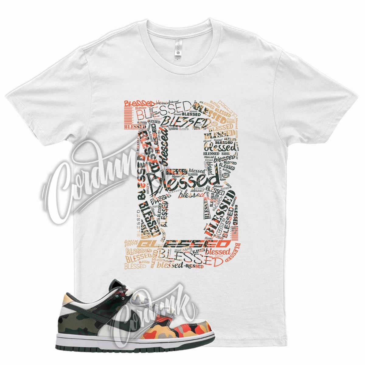 WHT BLESSED T Shirt for N Dunk Low Sail Multi Camo Vintage Green Total Orange