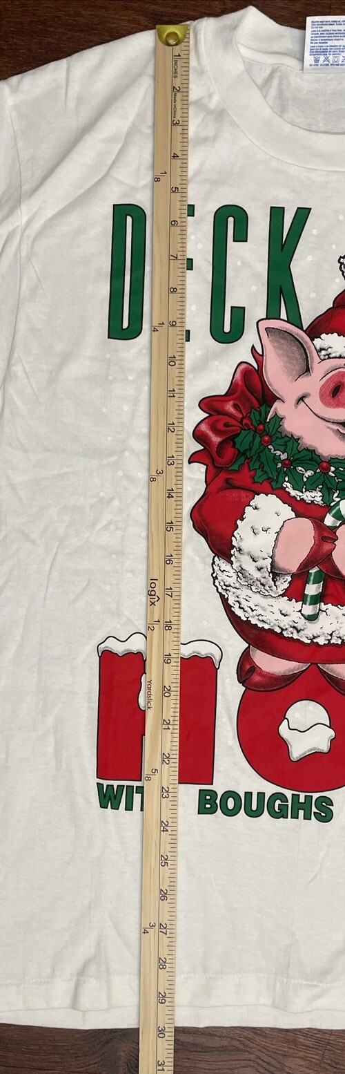 Rare VTG 90s Single Stitch T Shirt Hanes Deck The HOG With Boughs Of Holly Sz L gallery