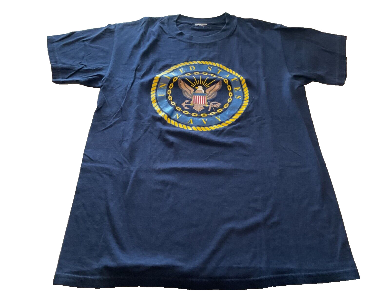 UNITED STATES NAVY Emblem Nautical Eagle Rope & Chain Blue t shirt size M approx