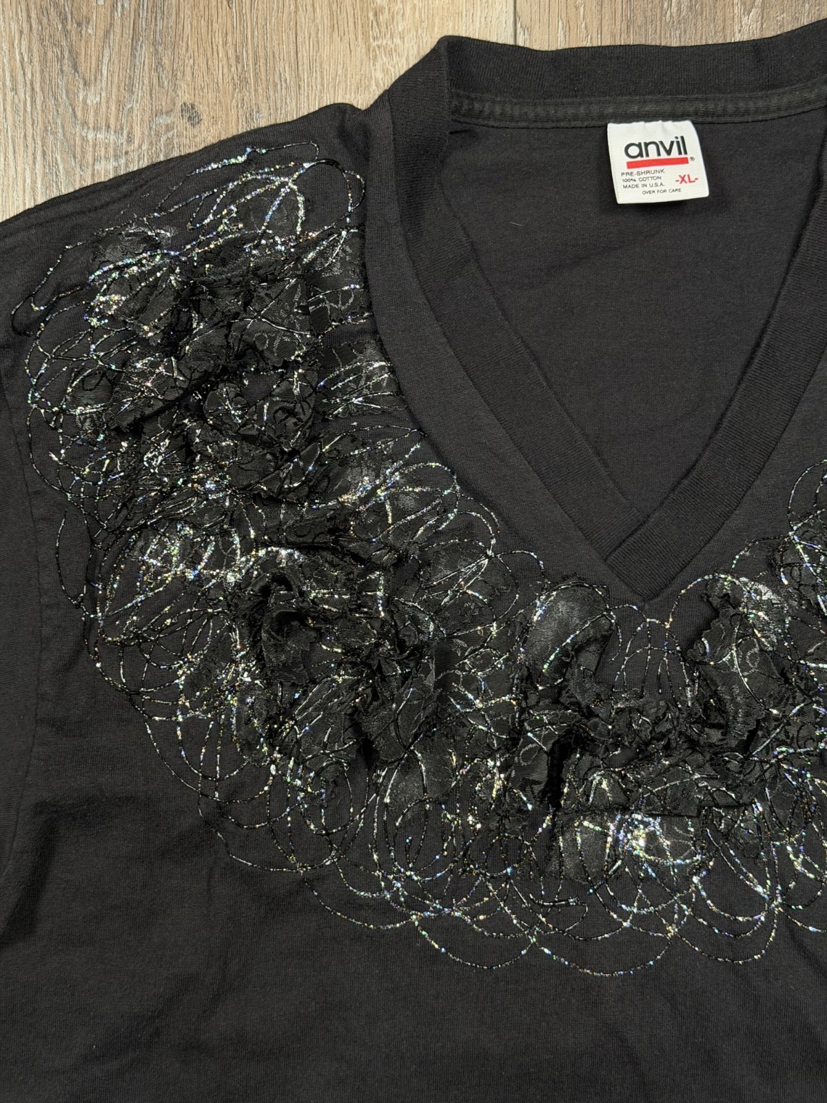 Vintage 80s V-Neck Shirt XL Goth Post Punk Ribbon Glitter Embellished Anvil USA gallery