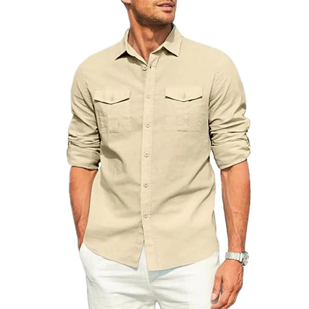 Men’s Cotton Linen Double Pocket Shirt Breathable Casual Smart Fit Holiday Gift gallery