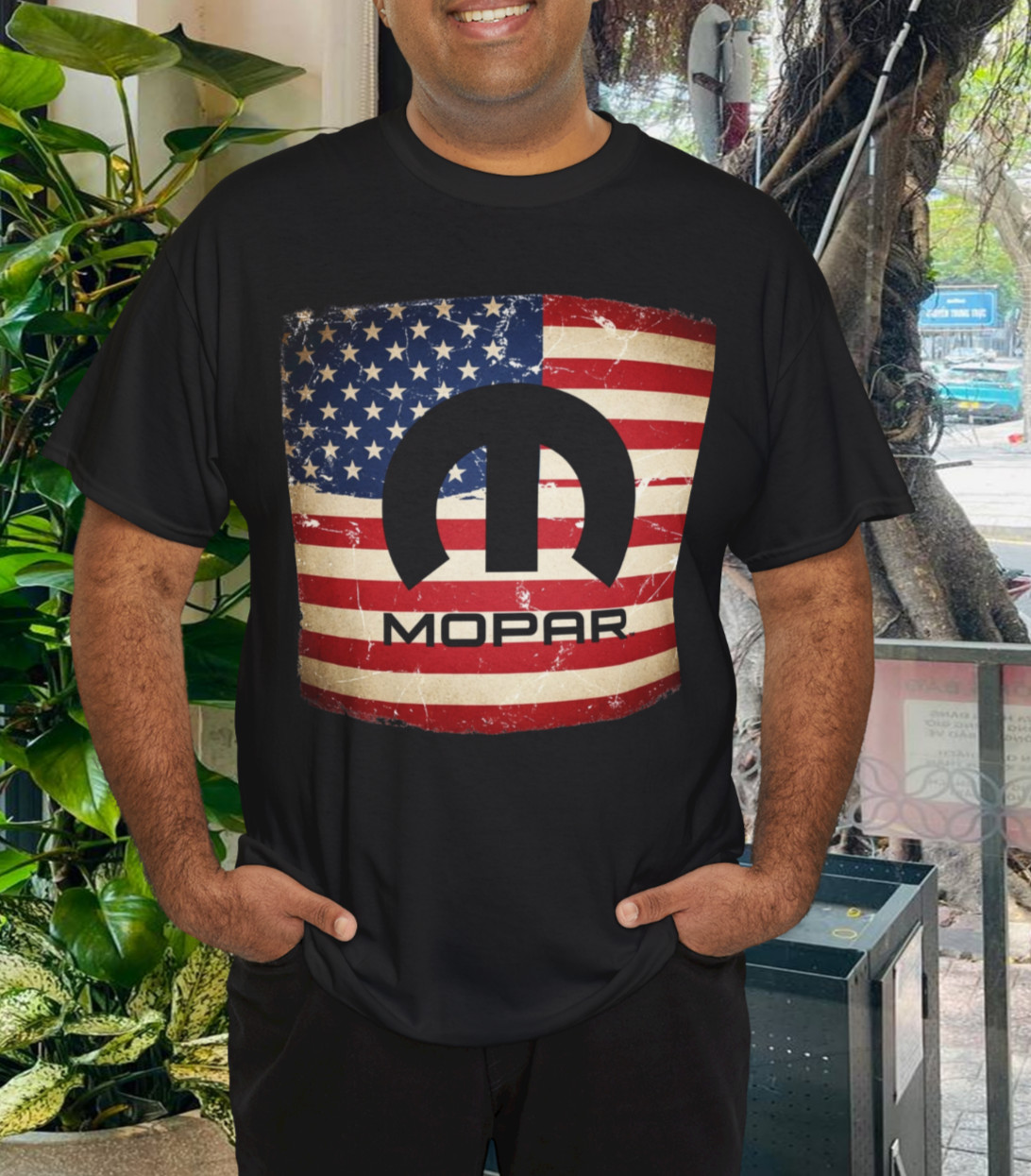 Mopar M Emblem & Script With American Flag Background T-Shirt gallery