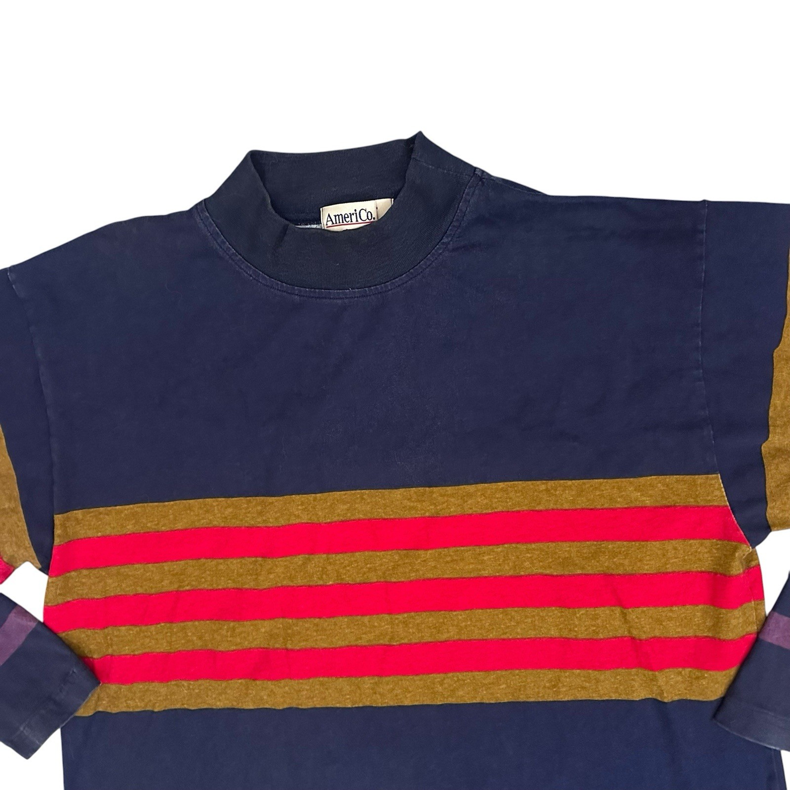 Vintage Americo Long Sleeve Mock Neck Shirt Me A Men’s L Navy Red Stripe 90s USA gallery