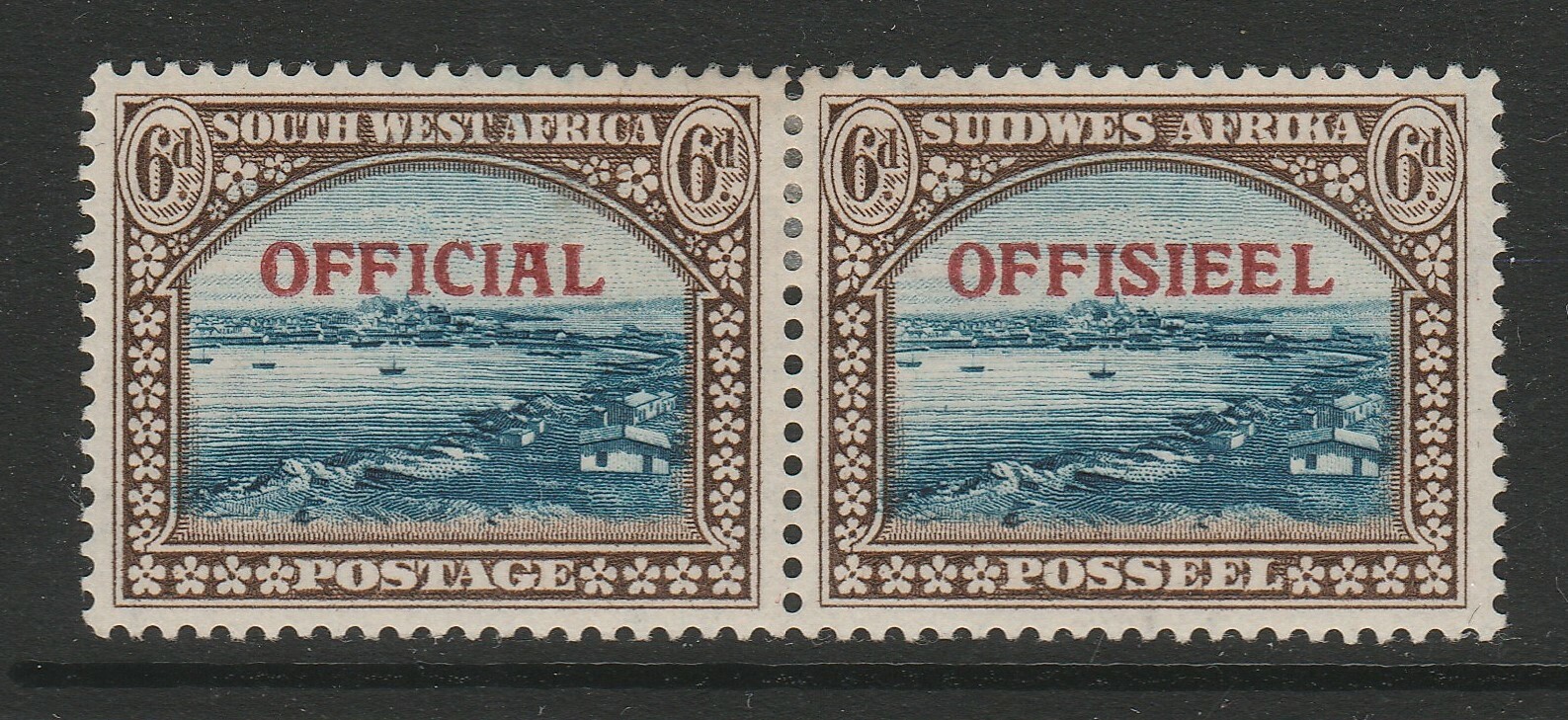 South West Africa 1945-50 6d with Overprint in dark red CW O6a Mint.