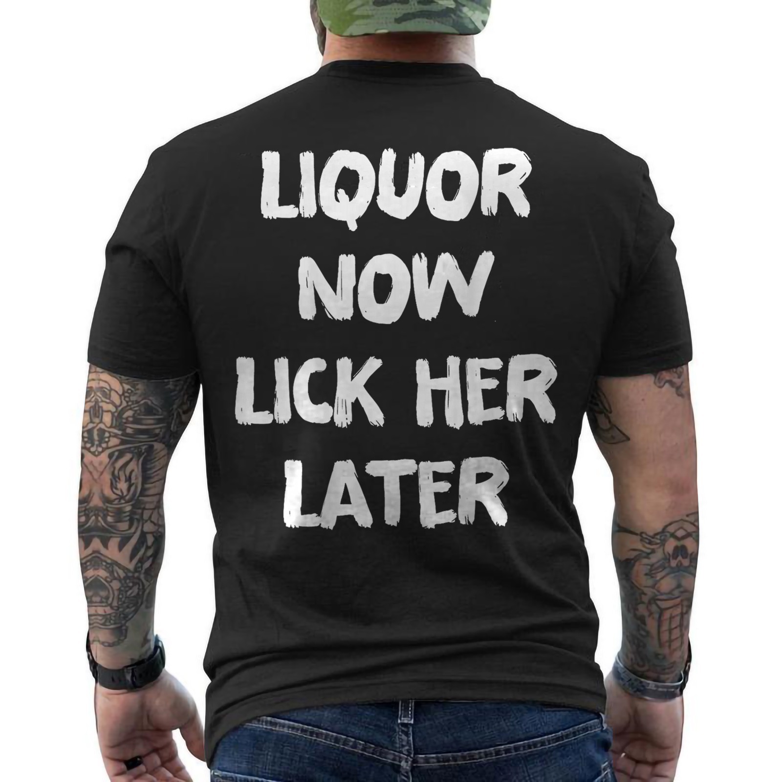 Liquor Now Lick Her Later Fun Adult Drinking Bachelor Party ON BACK T-Shirt gallery