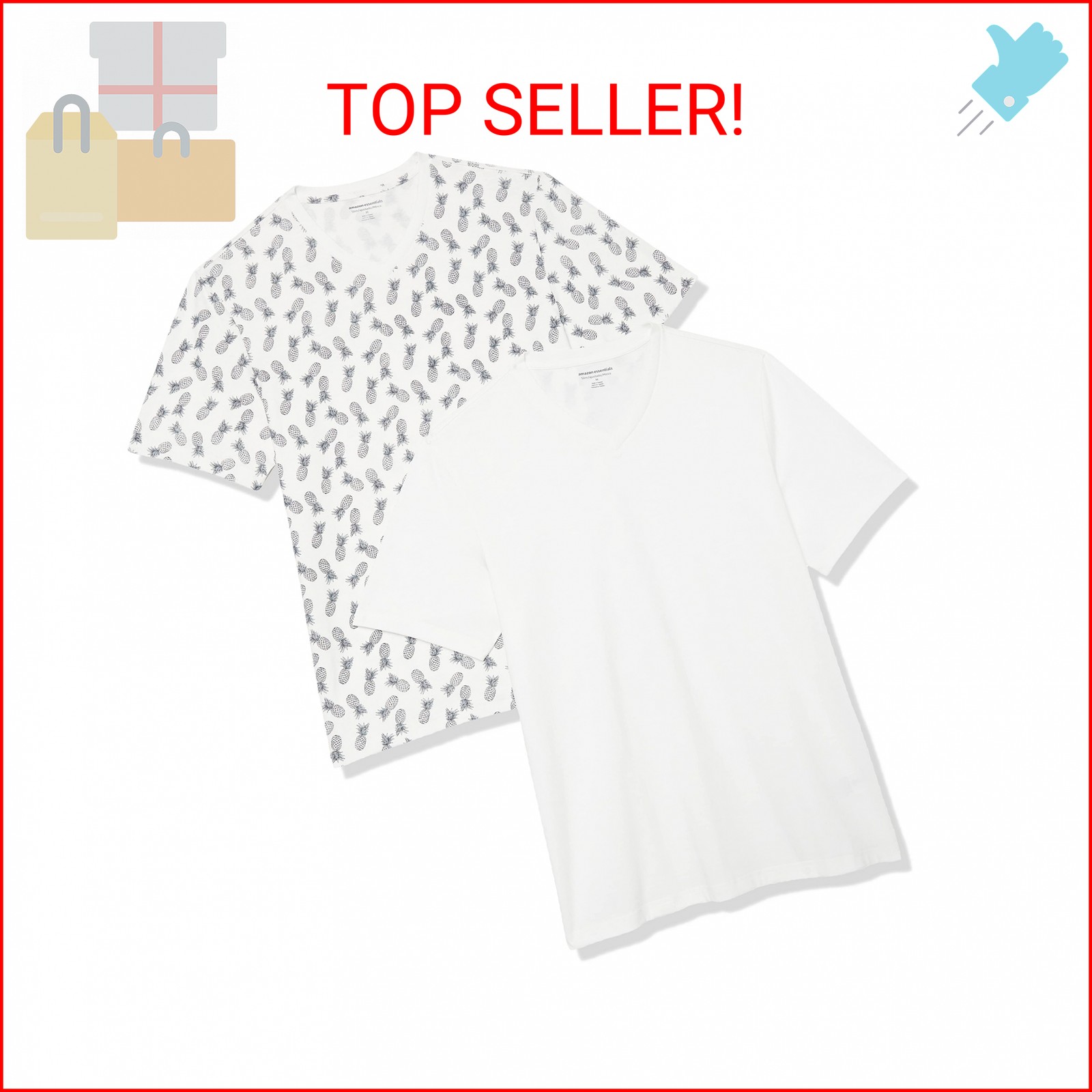 Amazon Essentials Men’s V-Neck Short-Sleeve T-Shirts, Pack of 2, White/Pineapple