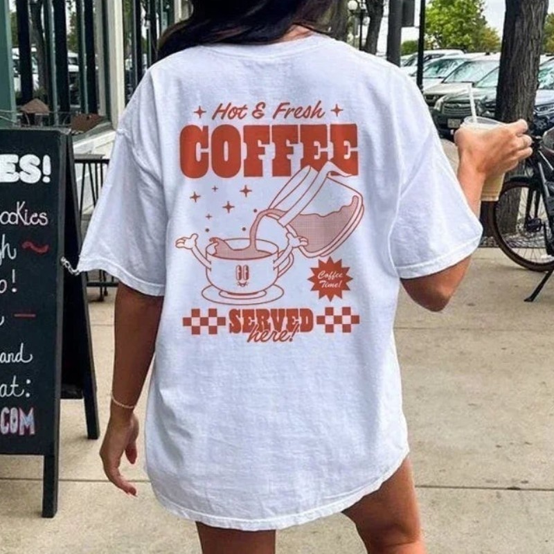 Retro Cartoon Coffee Back Print Cotton Women Cute Funny Caffeine T-Shirts gallery