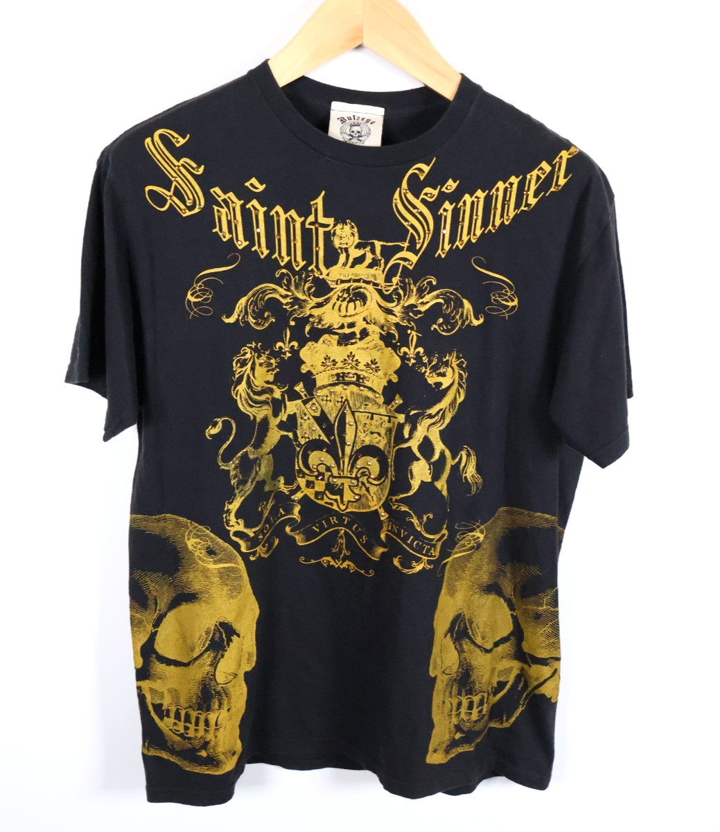 VTG Bulzeye T-Shirt Men's Medium Black Gold Saint Sinner Skull Beaded Y2K gallery