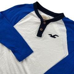 Hollister Men Medium Henley Raglan Baseball Shirt Blue White 3/4 Sleeve Y2K Surf