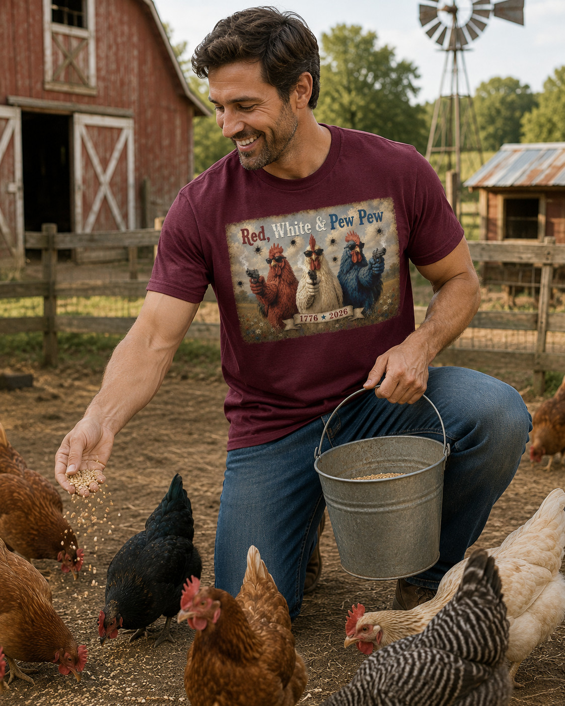 Patriotic Red White & Pew Pew Tshirt July 4th Funny Sarcastic Chicken Tee