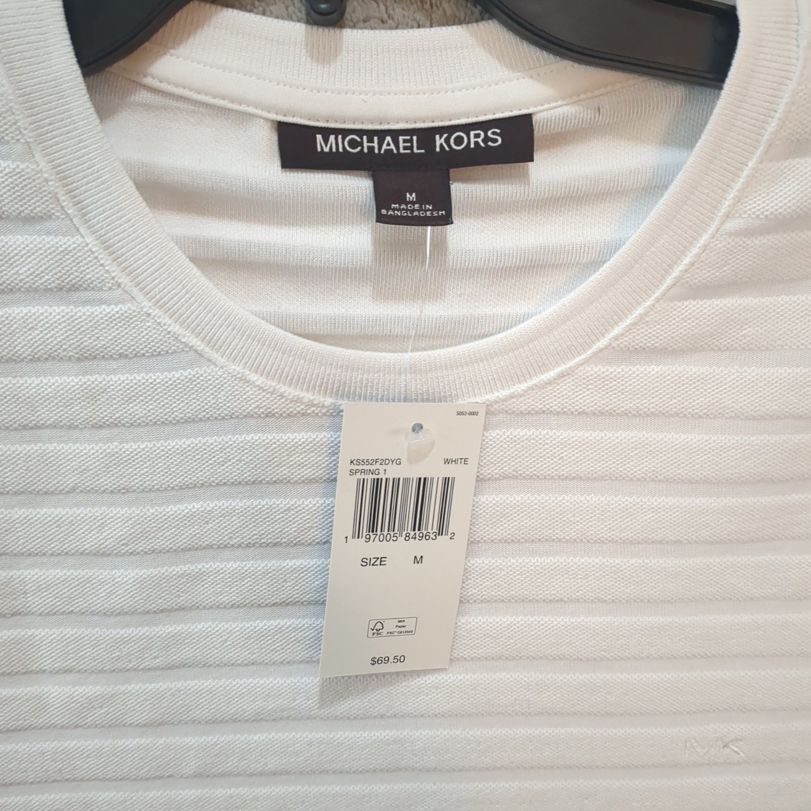 NWT Michael Kors Mens M White Horizontal Ottoman Ribbed Texture Crewneck T-Shirt gallery