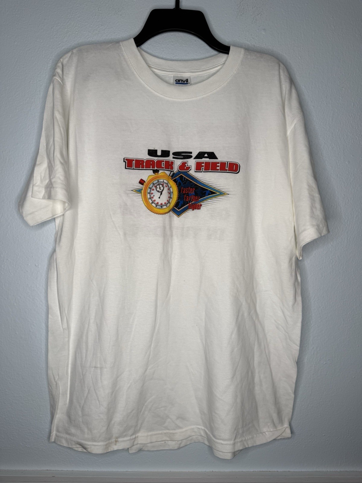 USA Track And Field T Shirt Mens Large Vintage Made In USA 90s Y2K Stop Watch
