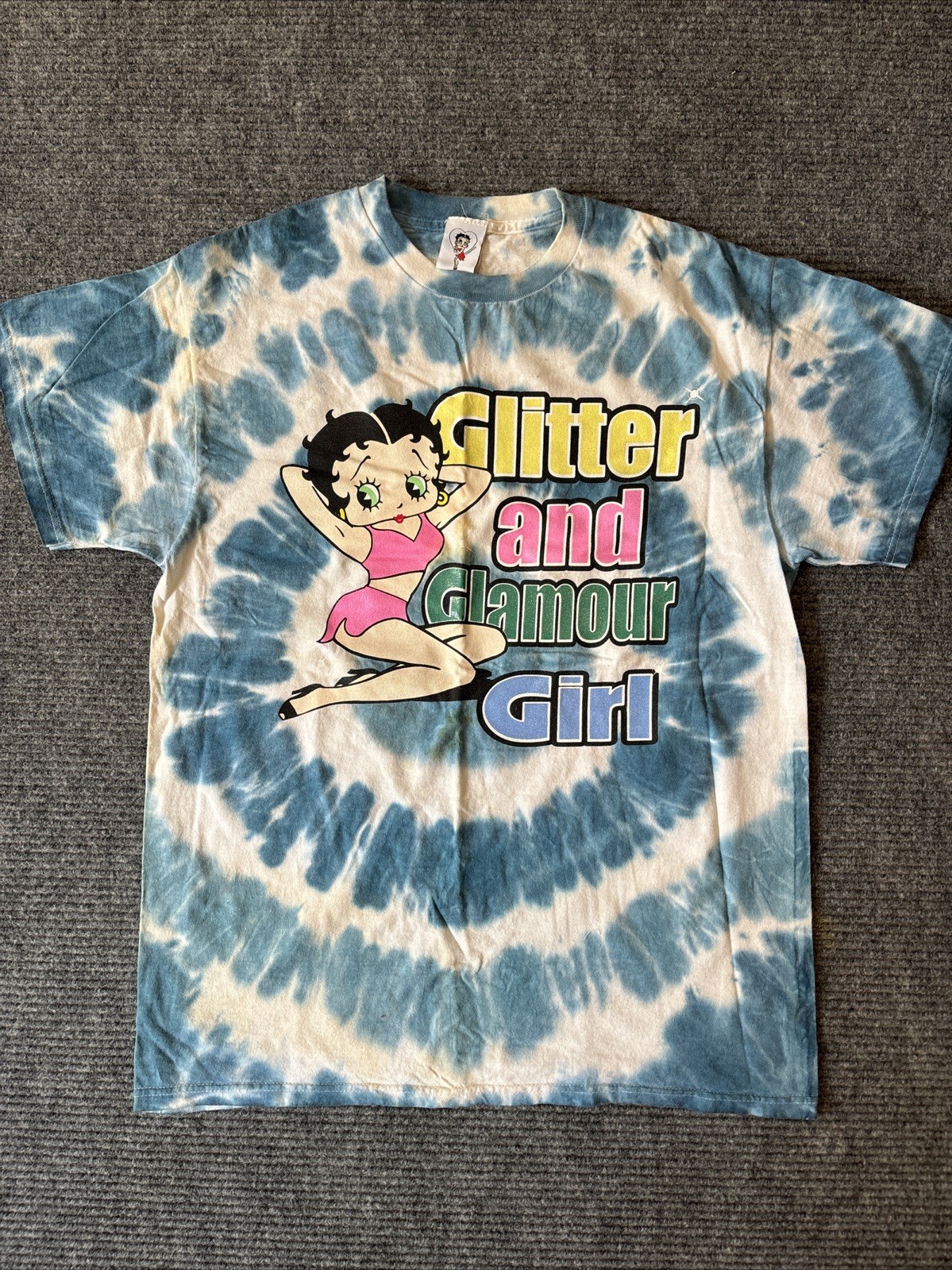 Vintage Betty Boop Glitter And Glamour Girl Blue & White Tie Dye Shirt XL 2002