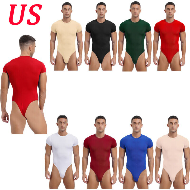 Mens Short Sleeve Bodysuits Athletic High Waist Jumpsuit Stretchy Button Bodycon gallery