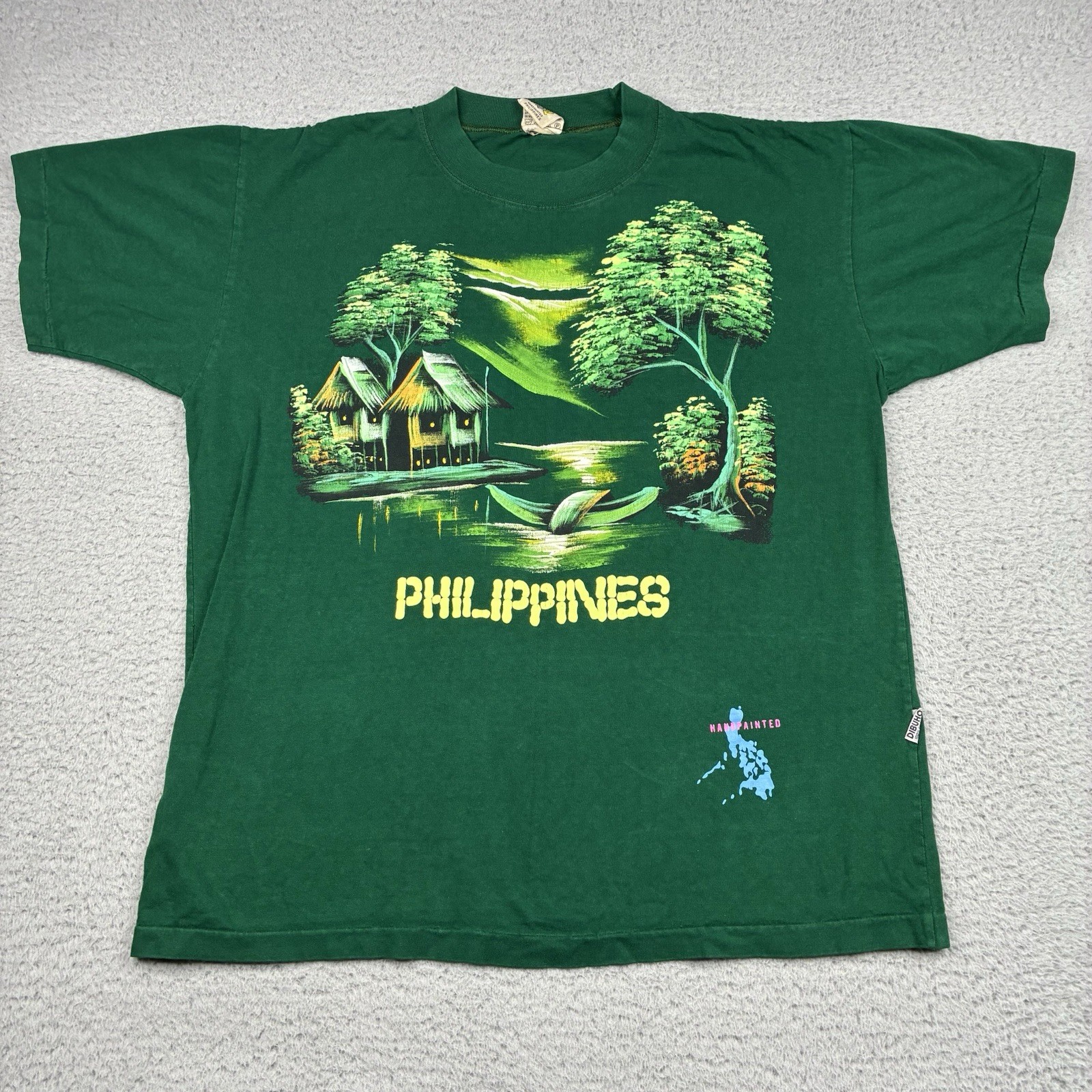 Vintage Dibuho Philippines Hand Painted Tourist T-Shirt Mens Large Green gallery