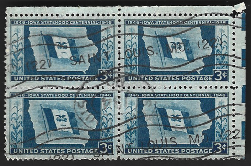Sc#942 3c Iowa Statehood B/4 with a SAINT LOUIS MO. Machine Cancel (A-3)