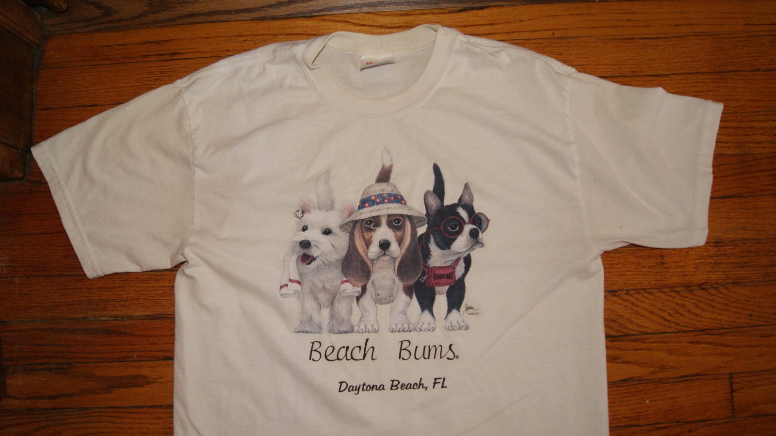 Vintage Dog TShirt M White Puppie Bob Harrison 90s “Beach Bums” Daytona Beach FL
