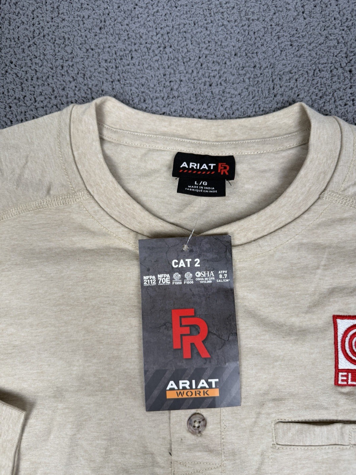 Ariat FR Shirt Mens L Tan Henley Long Sleeve Work Flame Resistant CAT 2 NEW gallery